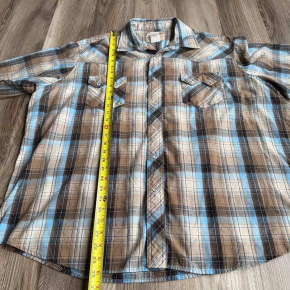 Wrangler Western Fashion Pearl Snap Shirt Mens XL Short Sleeve Brown Blue Plaid - Picture 5 of 6